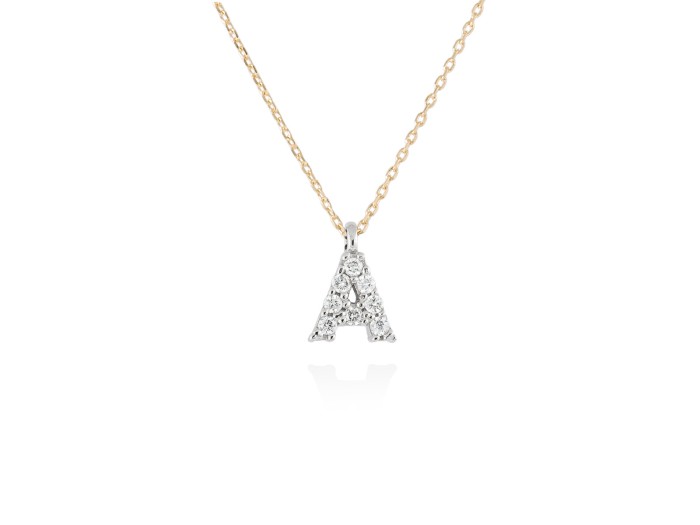 Colgante letra  A de diamantes en oro amarillo y blanco 18kt